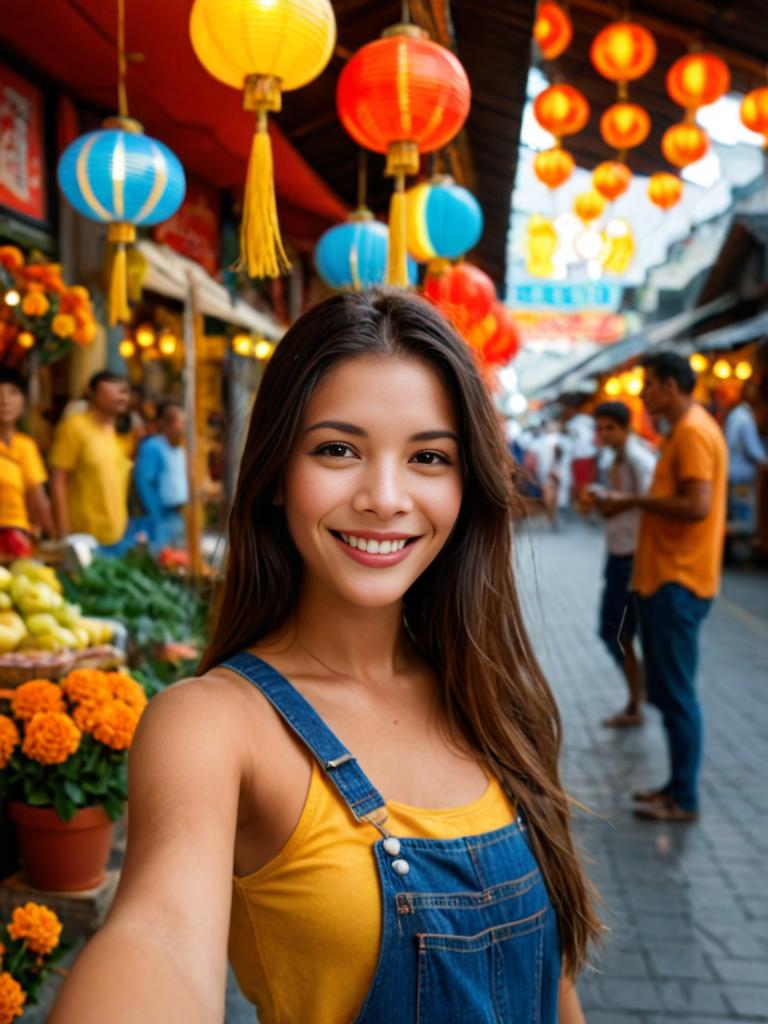 Smiling Woman Taking Selfie in Vibrant Market