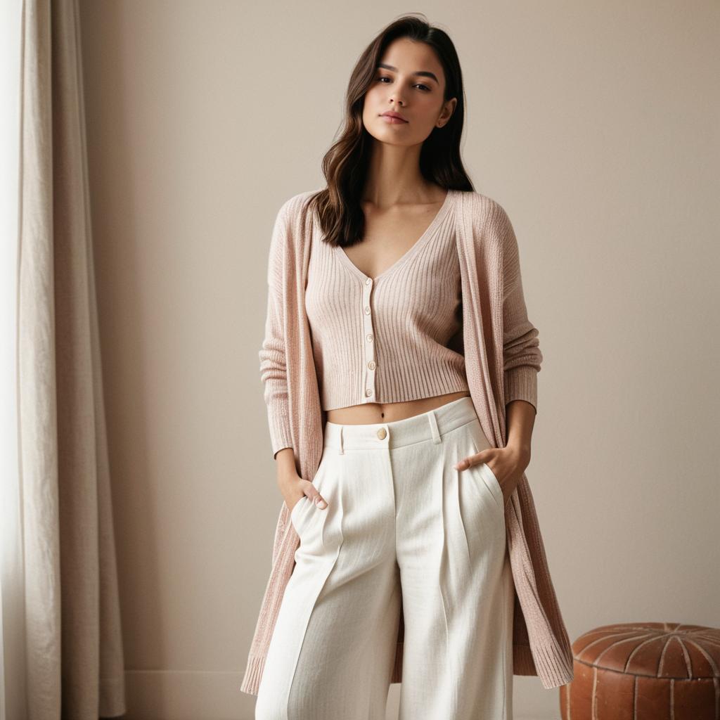 Stylish Woman in Blush Pink Cardigan and White Wide-Leg Pants Indoors