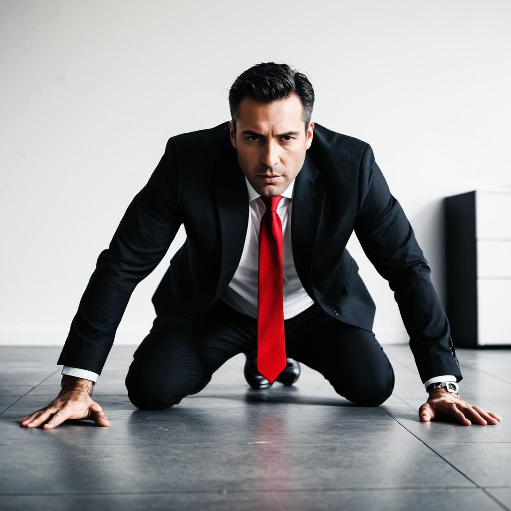 Determined Man in Black Suit with Red Tie Kneeling on Floor