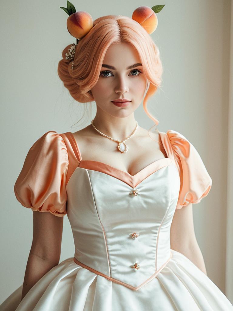 Woman in Realistic Wedding Peach Character Cosplay Costume with Peach Accessories