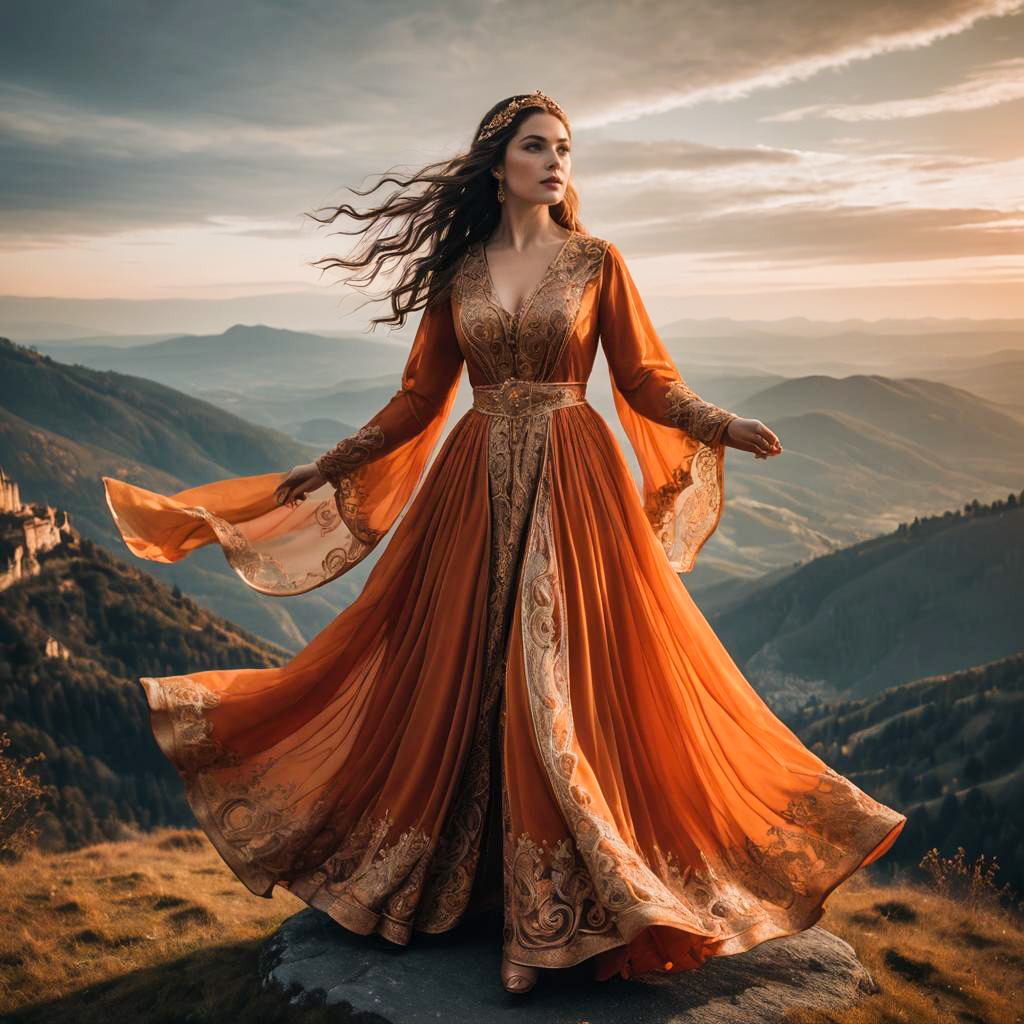 Woman in Flowing Orange Gown with Gold Embroidery in Mountain Sunset
