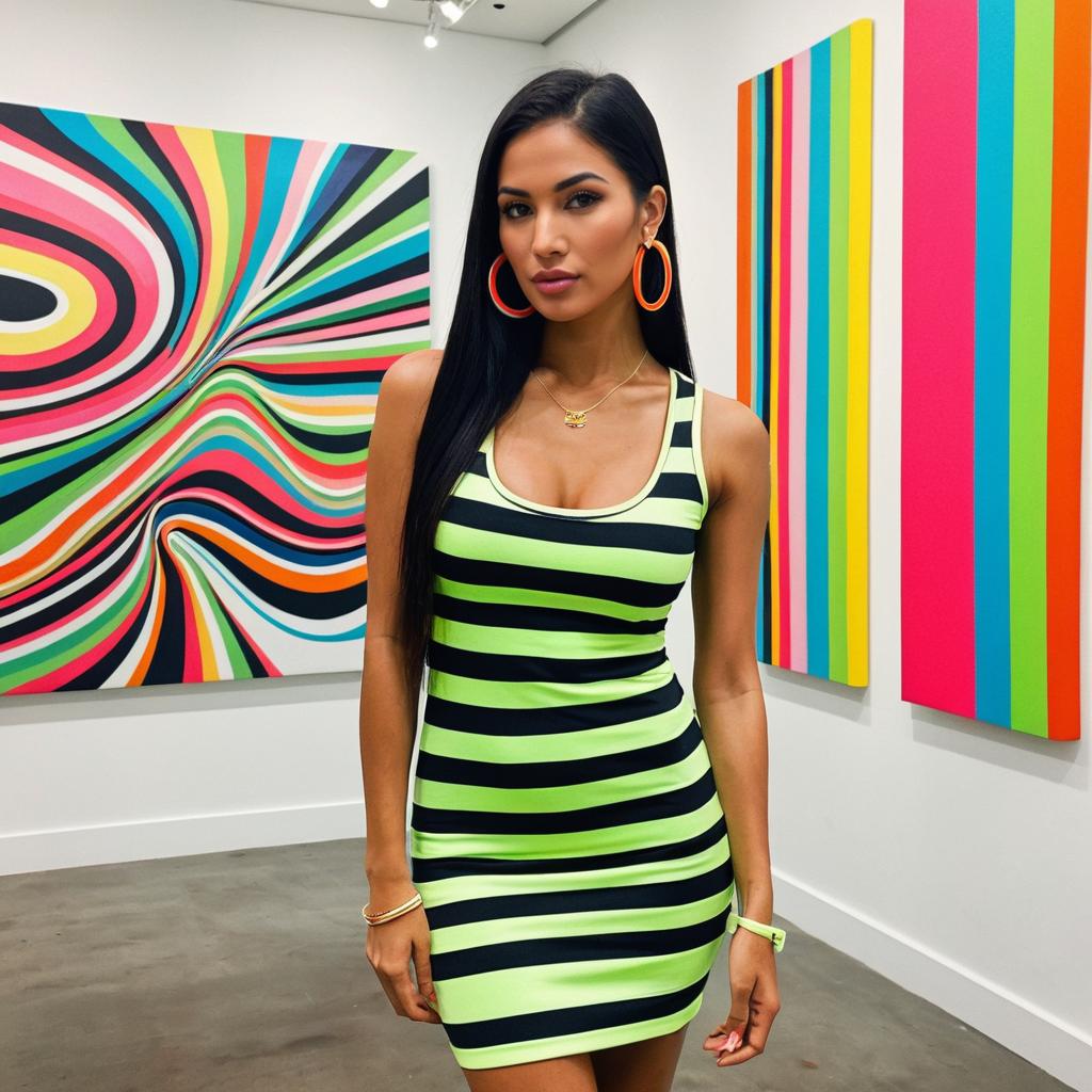 Woman in Neon Striped Dress Posing in Modern Art Gallery with Vibrant Abstract Paintings