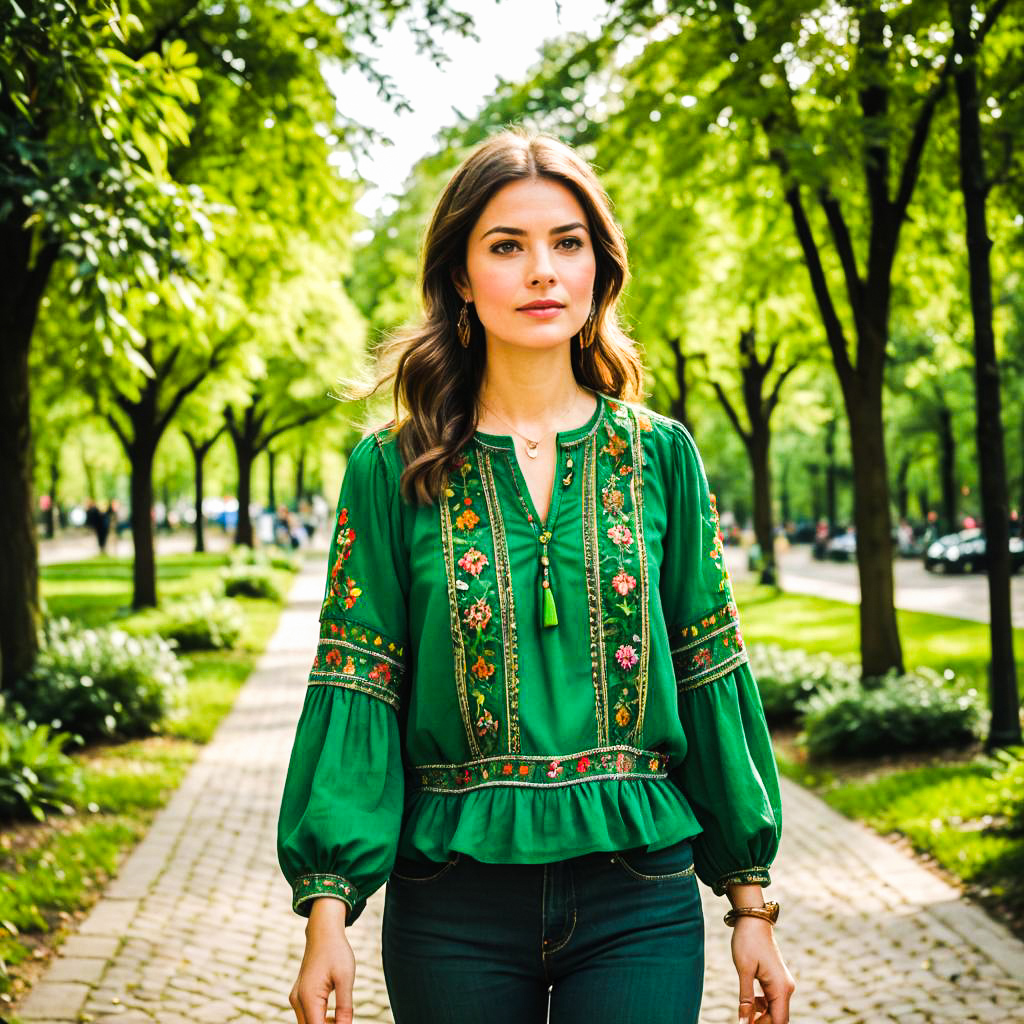 Confident Woman in Green Top on Tree-Lined Path