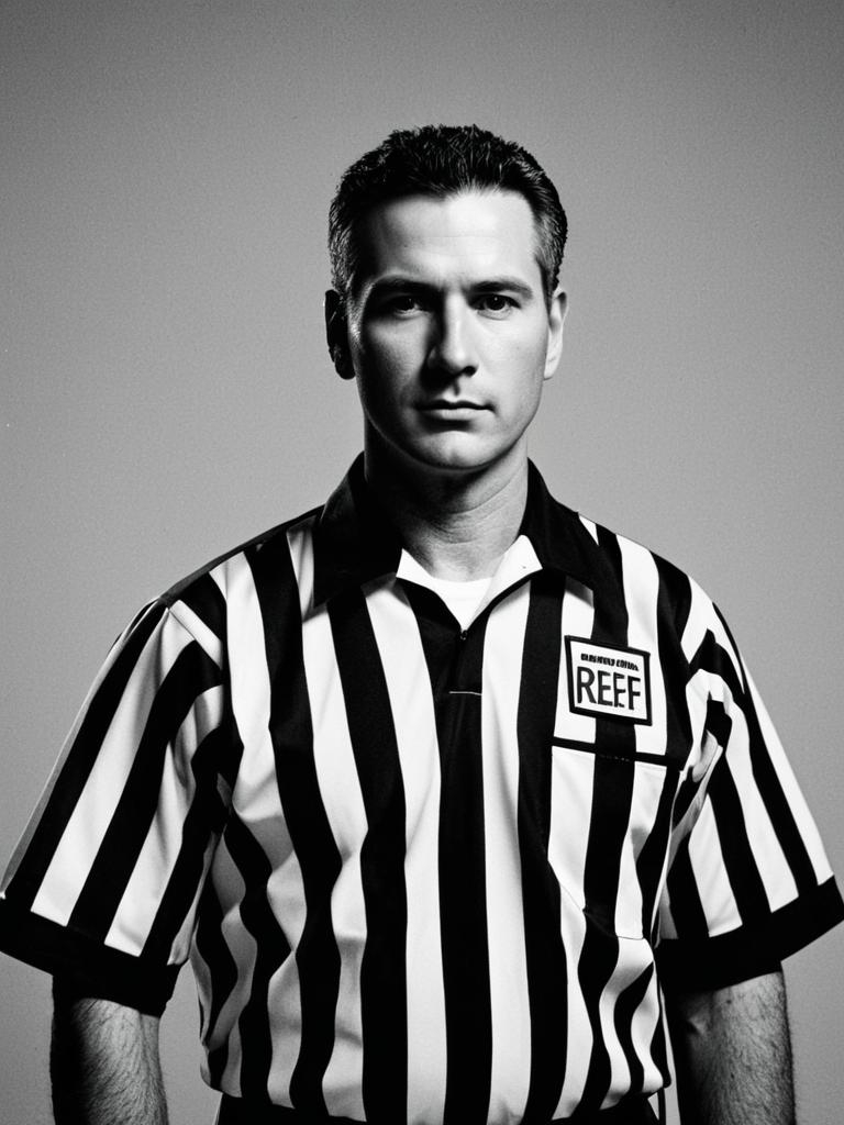 Man in Referee Costume Waist Up Editorial Portrait Photorealistic