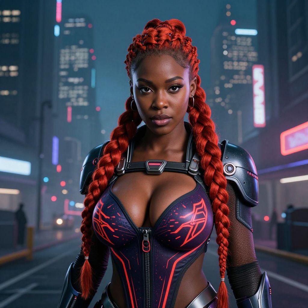 Cyberpunk Woman with Red Braids in Futuristic Night City