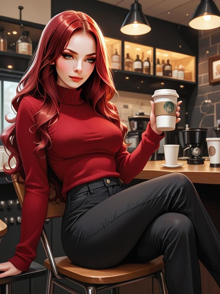 Stylish woman with red hair in café