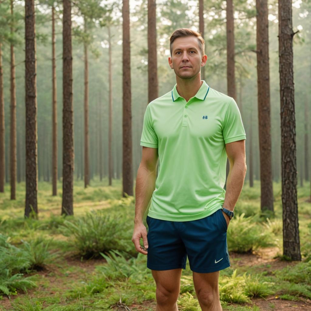 Confident Man in Forest with Polo and Shorts