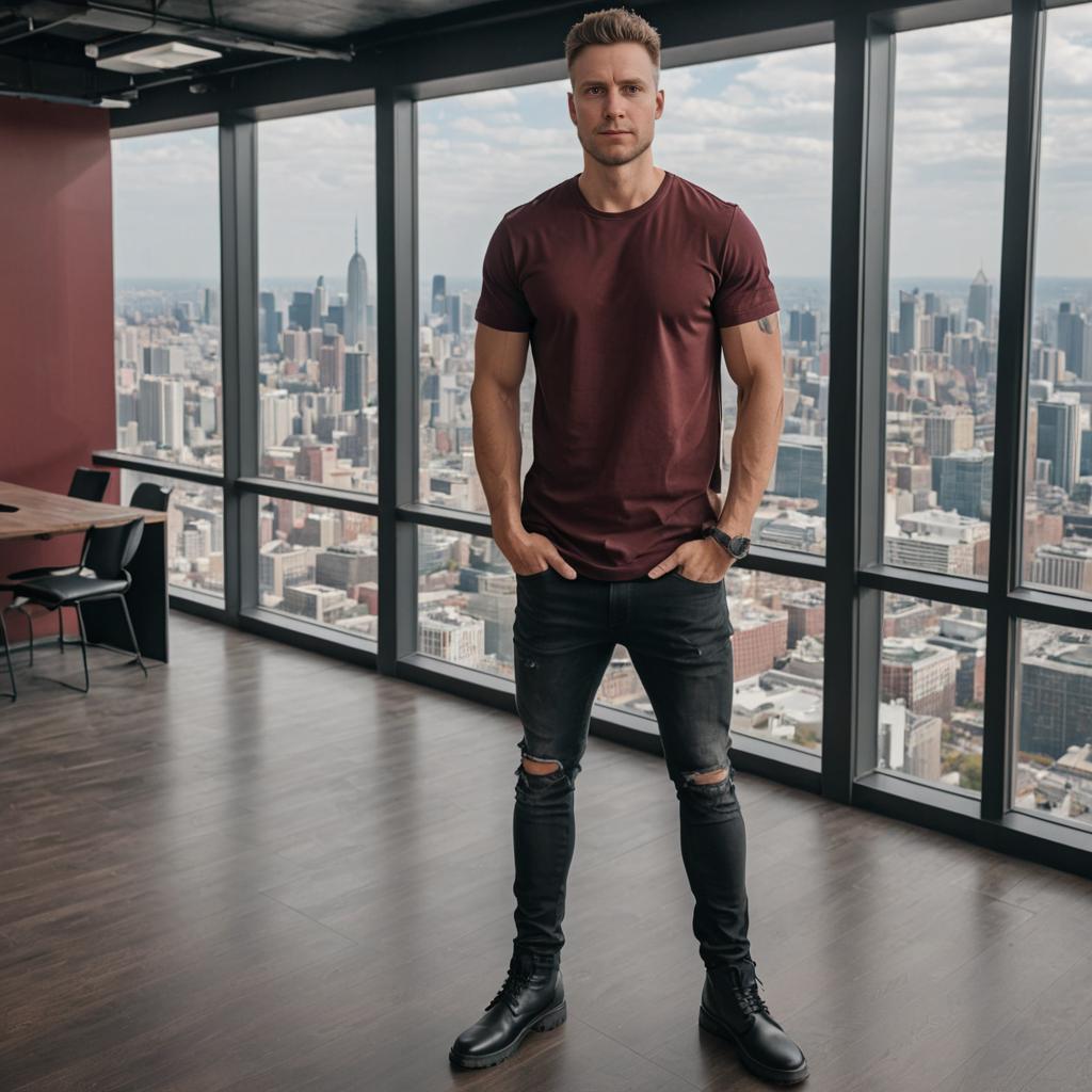 Confident Man in Modern Room with City View