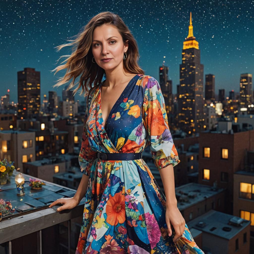 Woman in Floral Dress Against Night Cityscape