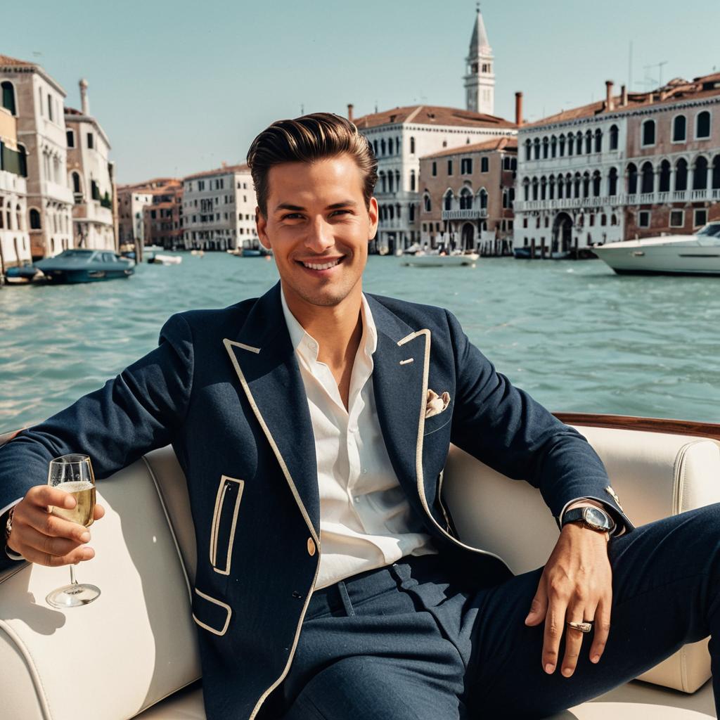Stylish Man Relaxing on Boat in Venice Canal with Champagne