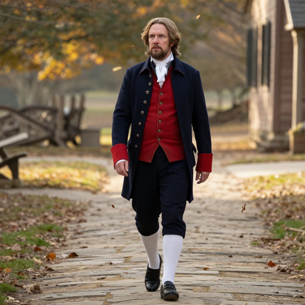 Man in Authentic 18th Century Revolutionary Era Costume Walking Outdoors