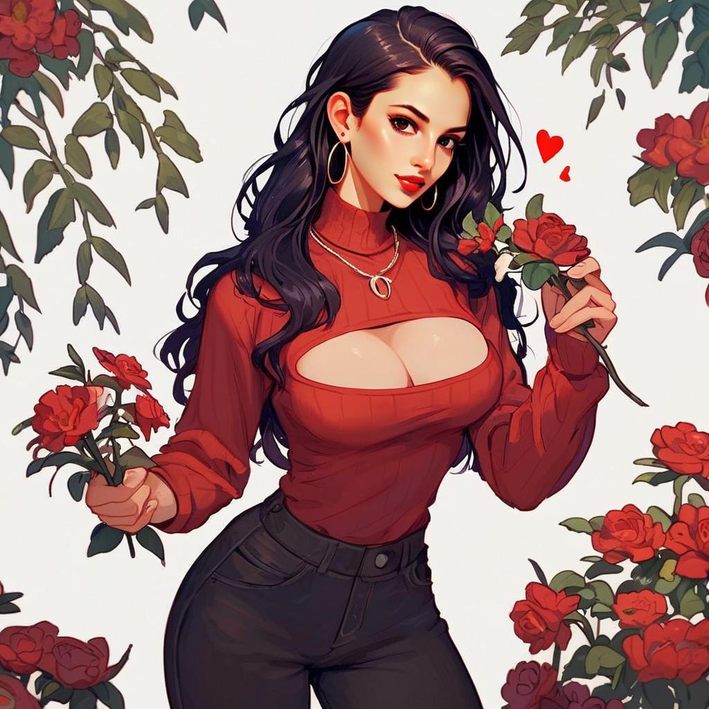 Confident Woman with Red Roses in Modern Anime Style