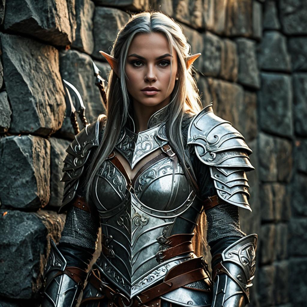 Fantasy Elf Woman Warrior in Detailed Silver Armor