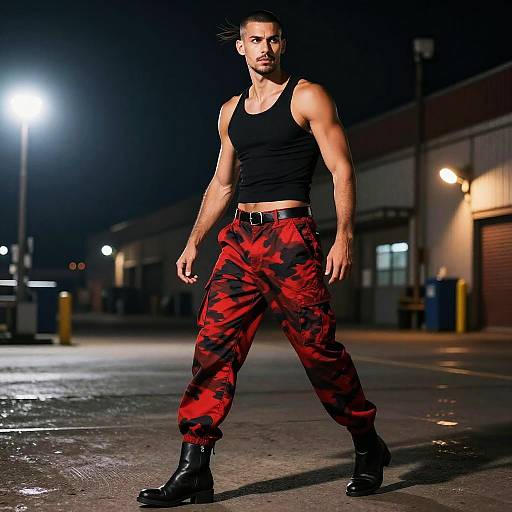 Gen Z Man in Red Camouflage Cargo Pants and Black Tank Top Night Urban Fashion