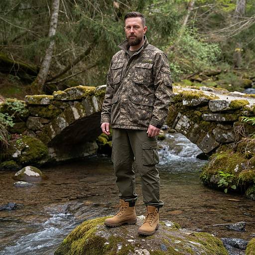 Man Wearing Camouflage Jacket Standing on Rock by Stone Bridge in Forest Stream