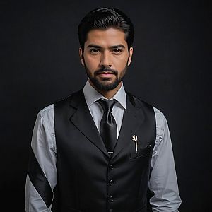 Confident Man in Black Vest and Grey Shirt
