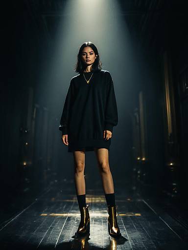 Woman Wearing Minimalist Oversized Black Sweatshirt Dress with Gold Ankle Boots