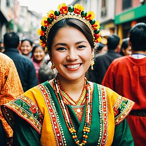 Joyful Woman in Vibrant Traditional Attire at Street Festival