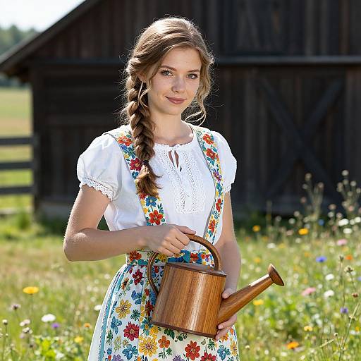 Young Woman in Traditional Dress Holding Watering Can in Garden
