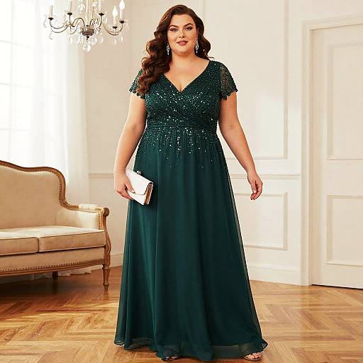 Elegant Plus-Size Woman in Dark Green Sequin Evening Gown