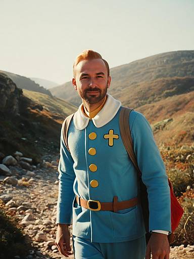 Man in Tintin Costume Outdoors Cinematic Realism Adventure Portrait
