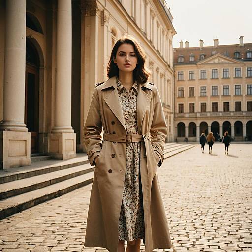Stylish Woman in Beige Trench Coat on European Cobblestone Street