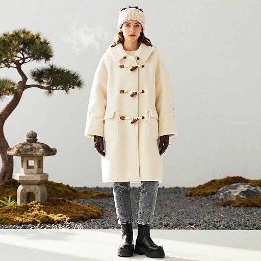 Young Woman Wearing Oversized White Wool Coat with Toggle Closures and Knit Headband