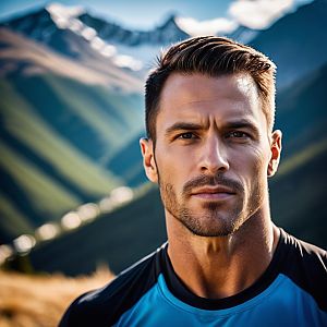 Focused Man in Athletic Shirt with Mountain Background