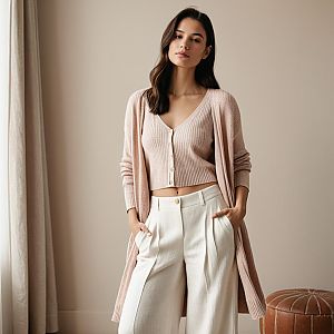 Stylish Woman in Blush Pink Cardigan and White Wide-Leg Pants Indoors