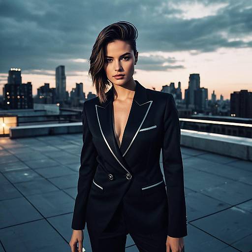 Confident Woman in Stylish Black Blazer on Rooftop Cityscape at Dusk