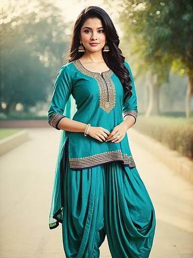 Woman in Teal Embroidered Dhoti Suit Salwar Photorealistic Outdoor Portrait