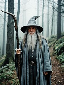 Photorealistic Man in Gandalf Costume Outdoor Portrait in Misty Forest