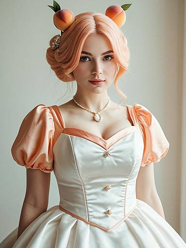 Woman in Realistic Wedding Peach Character Cosplay Costume with Peach Accessories
