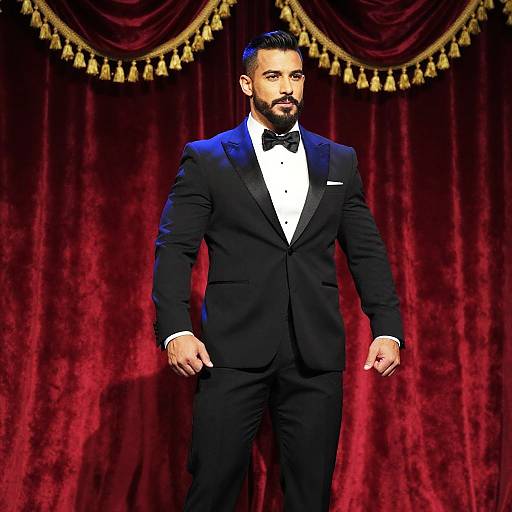 Confident Man in Classic Black Tuxedo Posing Against Red Velvet Curtain