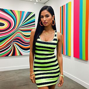 Woman in Neon Striped Dress Posing in Modern Art Gallery with Vibrant Abstract Paintings
