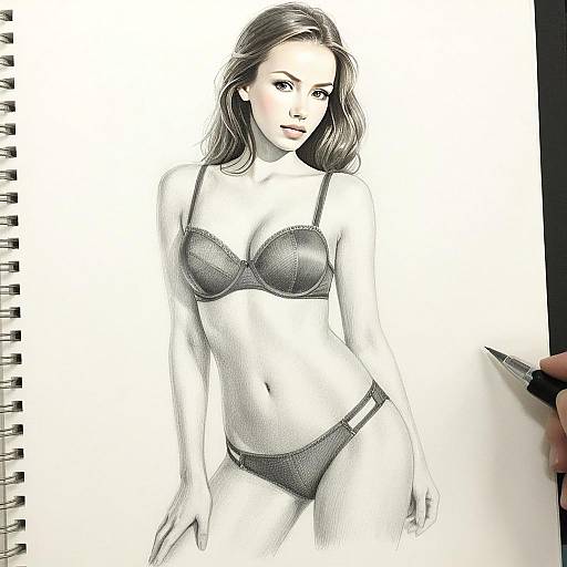 Realistic Pencil Sketch of Woman in Lingerie on Spiral Sketchbook