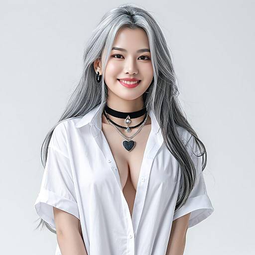 Stylish Woman with Silver Hair Wearing White Shirt and Layered Necklaces