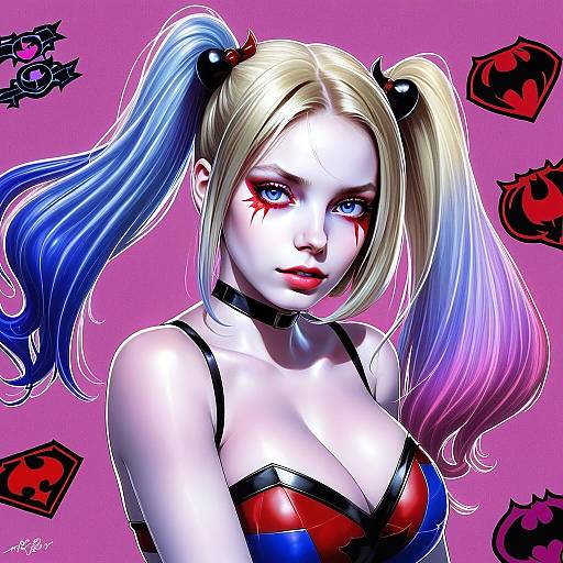 Harley Quinn Anime Style Digital Portrait with Blue and Pink Twin Tails