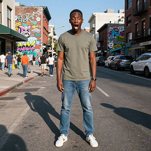 Shocked Young Man Standing on Urban Street with Graffiti Background
