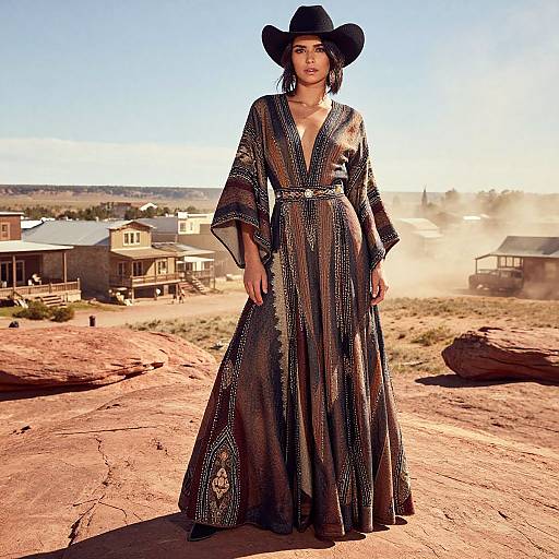 Woman in Bohemian Western Dress and Cowboy Hat in Desert Landscape
