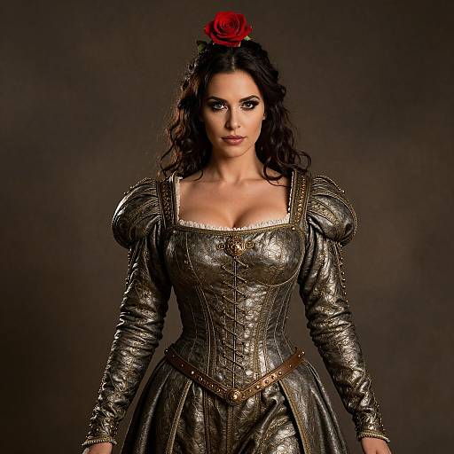 Renaissance Woman in Metallic Gown with Red Rose
