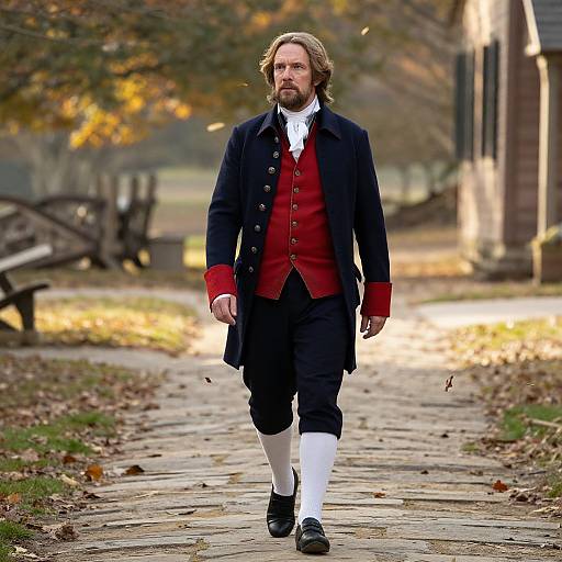 Man in Authentic 18th Century Revolutionary Era Costume Walking Outdoors
