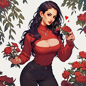 Confident Woman with Red Roses in Modern Anime Style