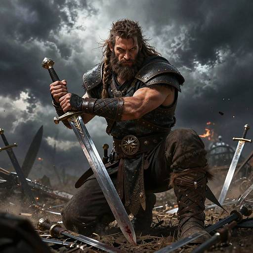 Epic Medieval Warrior Man with Sword on Stormy Battlefield