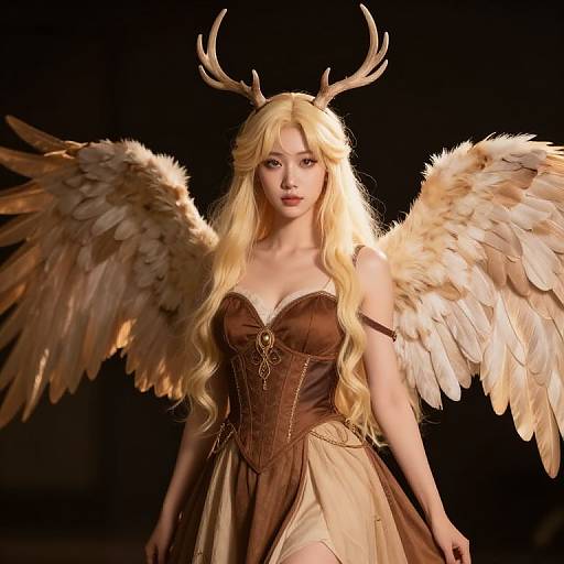 Fantasy Woman with Feathered Wings and Antlers in Brown Corset Dress