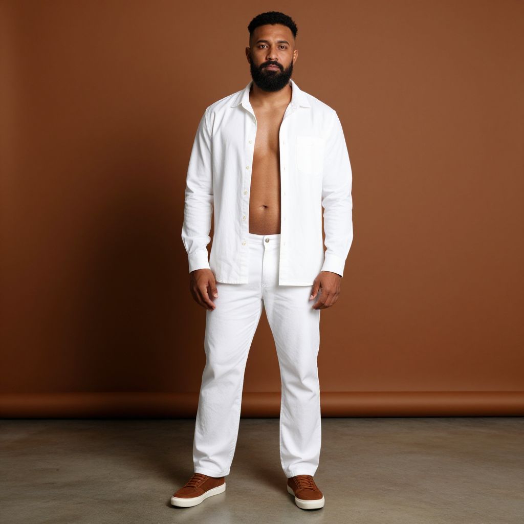 Confident Man in White Outfit and Brown Sneakers Against Brown Background