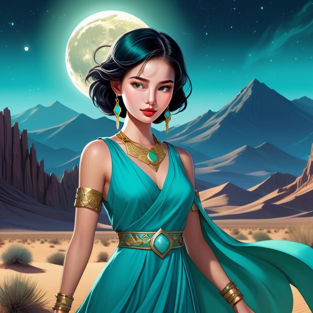 Fantasy Woman in Turquoise Dress with Gold Jewelry in Desert Moonlight