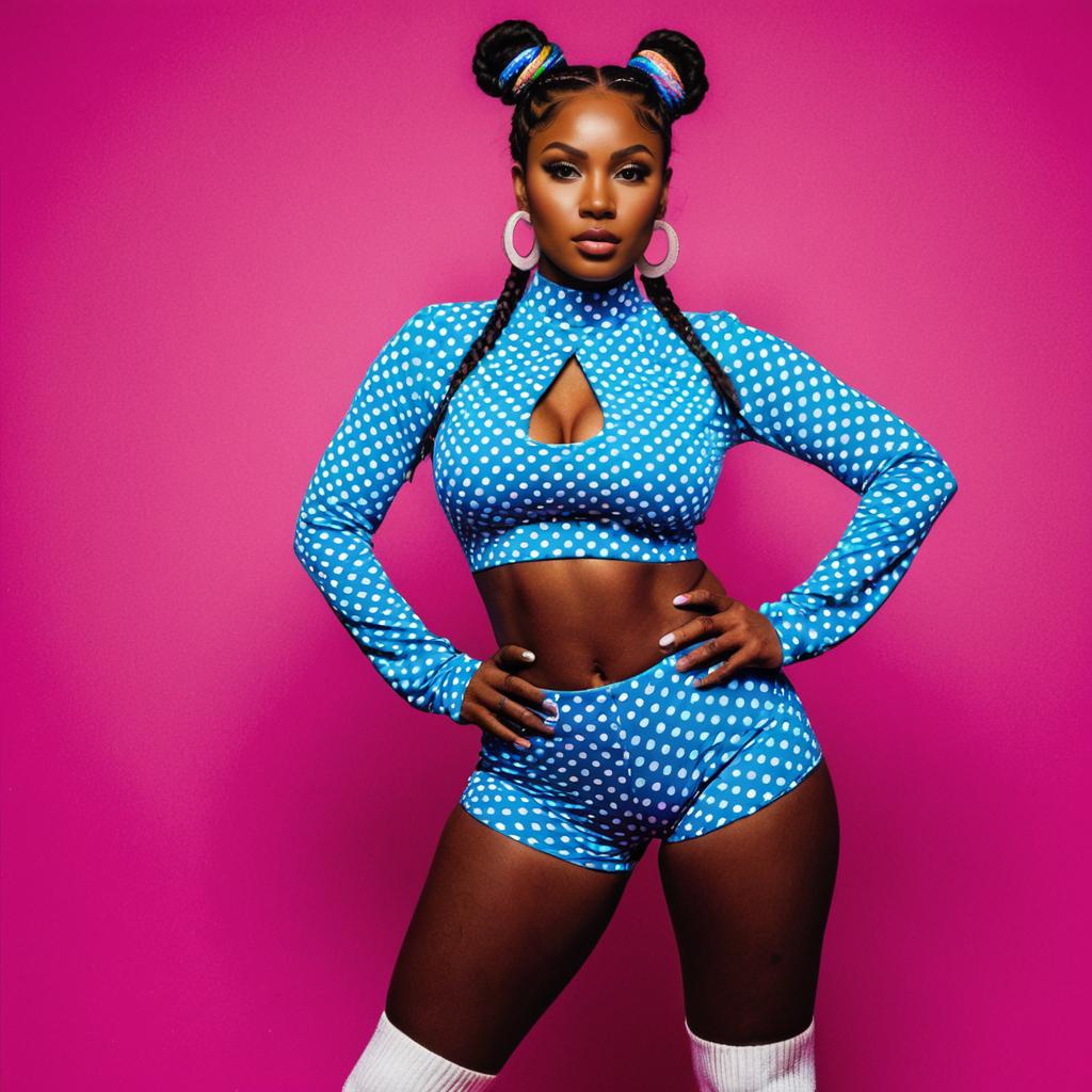 Confident Woman in Blue Polka-Dot Crop Top and Shorts on Pink Background