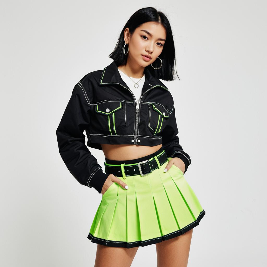 Woman in Contemporary Streetwear Black Cropped Jacket with Contrast Stitching and Neon Green Pleated Skirt