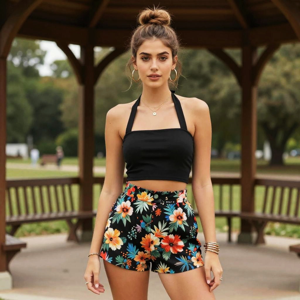 Gen Z Woman in Floral Shorts and Black Halter Crop Top in Park